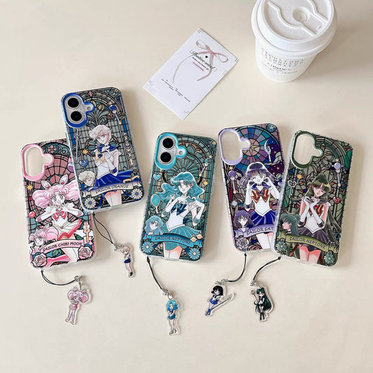 Japanese Cartoon Sailor Moon Phone Case with Strap Comic Version | Laser Glass Window Sailor Uranus Neptune Pluto Saturn Chibi Moon - iPhone Case PLUS SE2 11 12 13 14 15 16 16e 17 17e Pro Promax 12mini 13mini