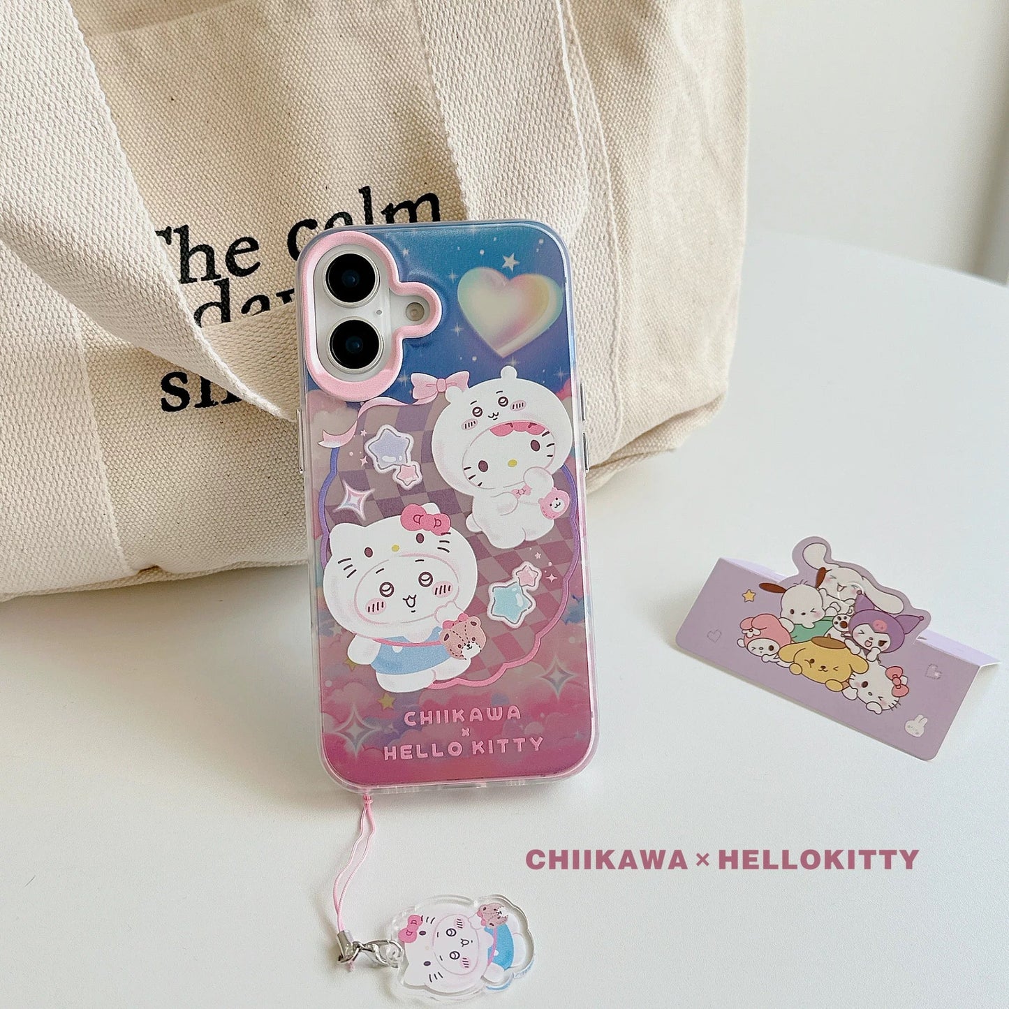 Japanese Cartoon Sanrio X Chiikawa Laser Phone Case with Strap | Kitty Chiikawa Cinnamoroll Hachiware Pompompurin Usagi Kuromi Momonga My Melody Crab - Phone Case Samsung Galaxy S26 S25 S24 S23 S22 S21 FE Ultra Edge
