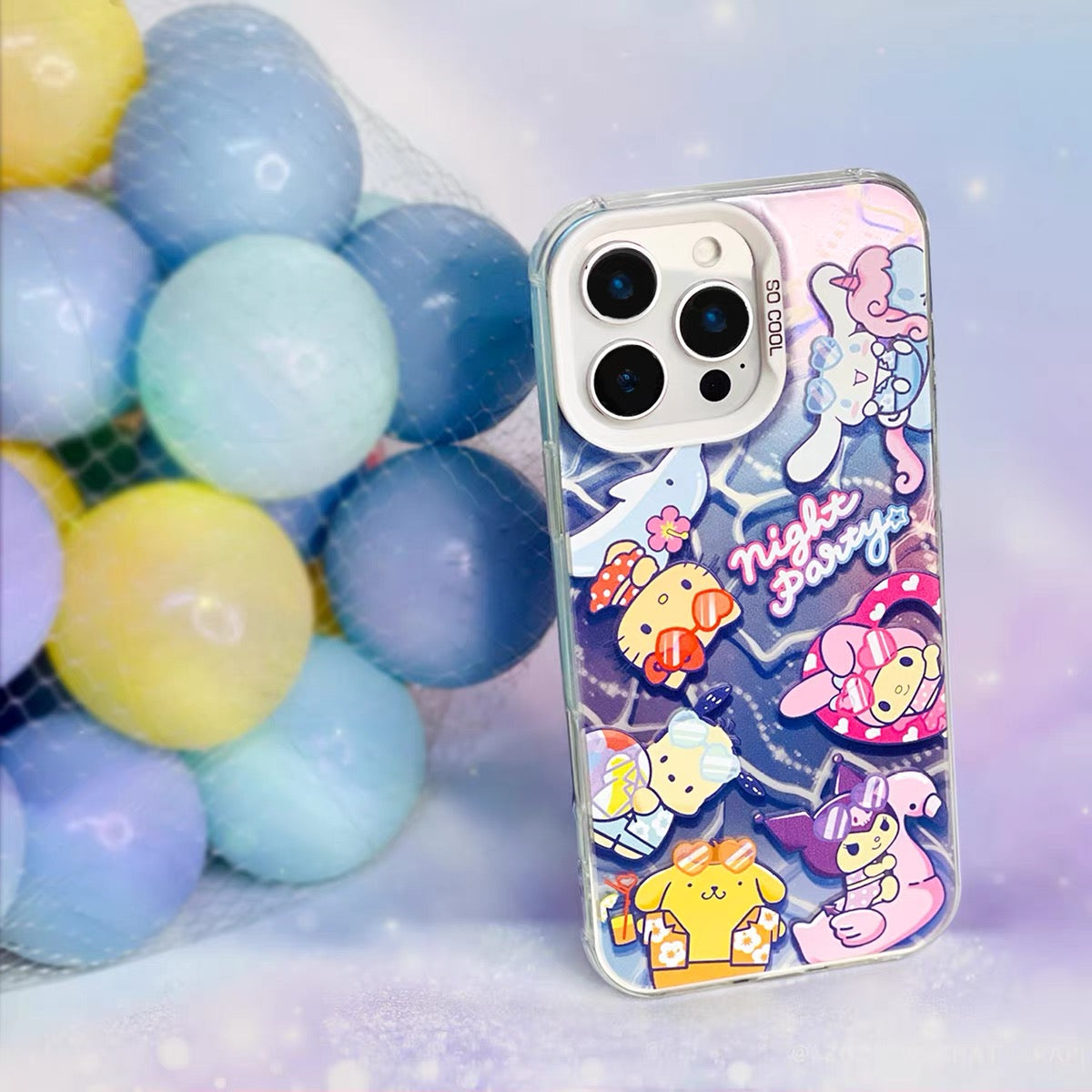 Japanese Cartoon Sanrio Summer Night Party Laser Case | Hello Kitty My Melody Kuromi Cinnamoroll Pompompurin Pochacco - iPhone Case 11 12 13 14 15 16 16e 17 17e 18 Pro Promax