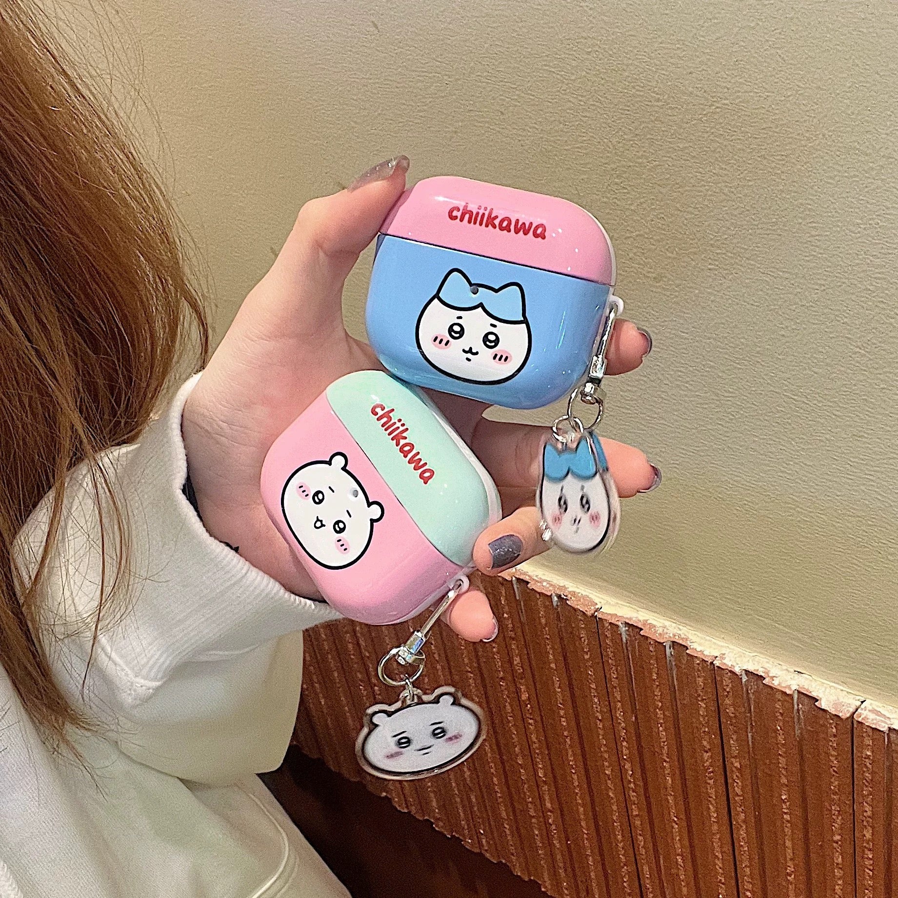 Japanese Cartoon ChiiKawa Pastel Colour | Chiikawa Hachiware Usagi Pink Blue Yellow Mint with Keychain - AirPods AirPodsPro AirPods3 AirPods4 Case KawaiiGiftLand