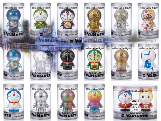 A collectible Run'A Doraemon Variarts figure enclosed in a clear display cylinder, featuring a unique graphic theme printed on a solid ATBC-PVC body.