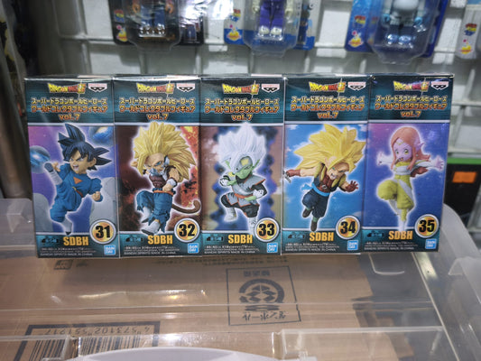 A complete 5-piece set of Banpresto World Collectable Figure Dragon Ball GT Vol. 7 mini figures showing sequential boxes from DBGT 031 to DBGT 035.