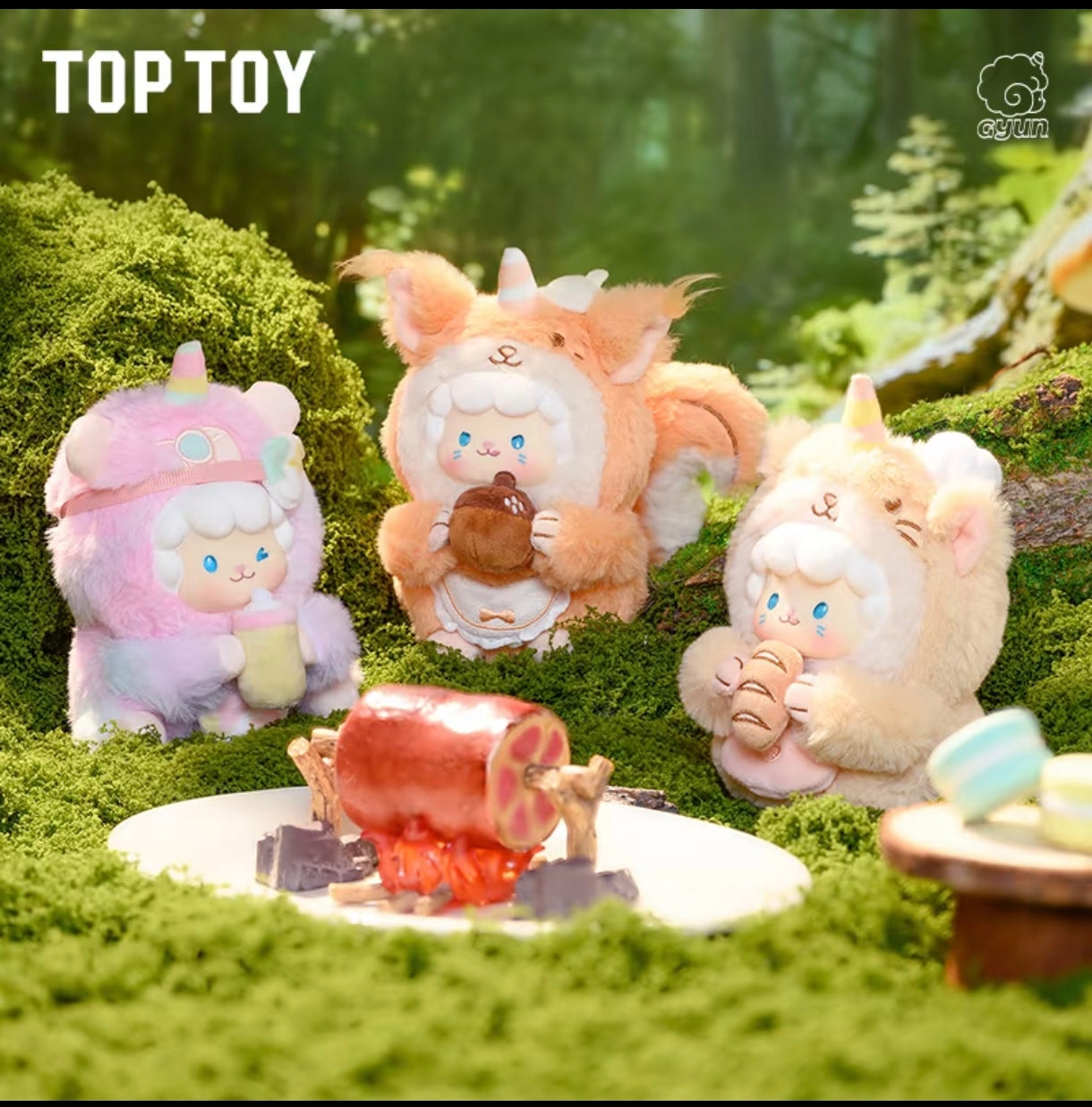 A group layout displaying seven different woodland variants from the TOP TOY Gyun Big-Tailed Critter Crew blind box set standing together on mossy steps.
