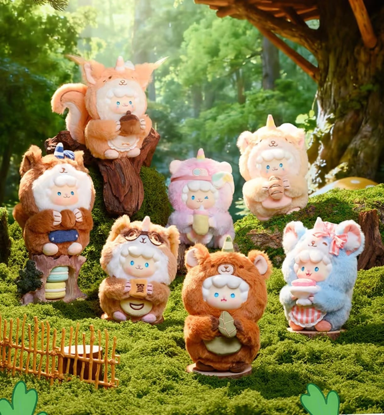 A trio of Gyun Big-Tailed Critter Crew plush figures arranged in a mossy forest camp setting around a miniature toy campfire roasting meat.