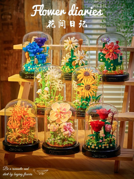 Mini Block Building Block Flower Diaries with Cover | Rose Daisy Cactus Sunflower Jasmine - with LED Lights Valentine Gift DIY Handmade Gift