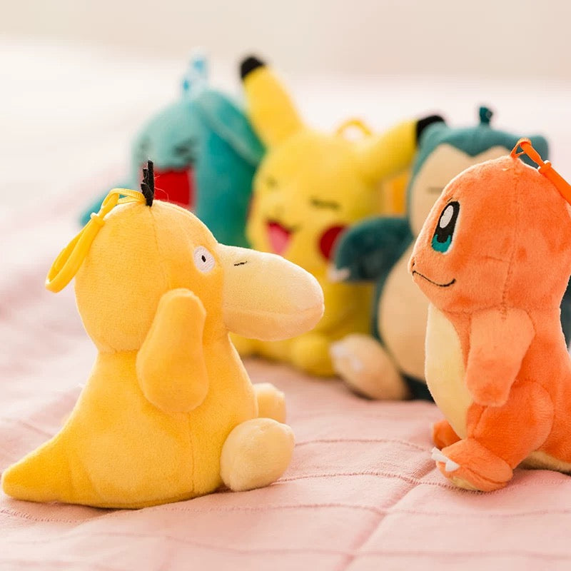 Japan Cartoon Pokemon Keychain | Pikachu Bulbasaur Charmander Squirtle Eevee Jigglypuff Psyduck Snoriax Mew PokeBall - Mascot Plush Doll Kawaii Decoration