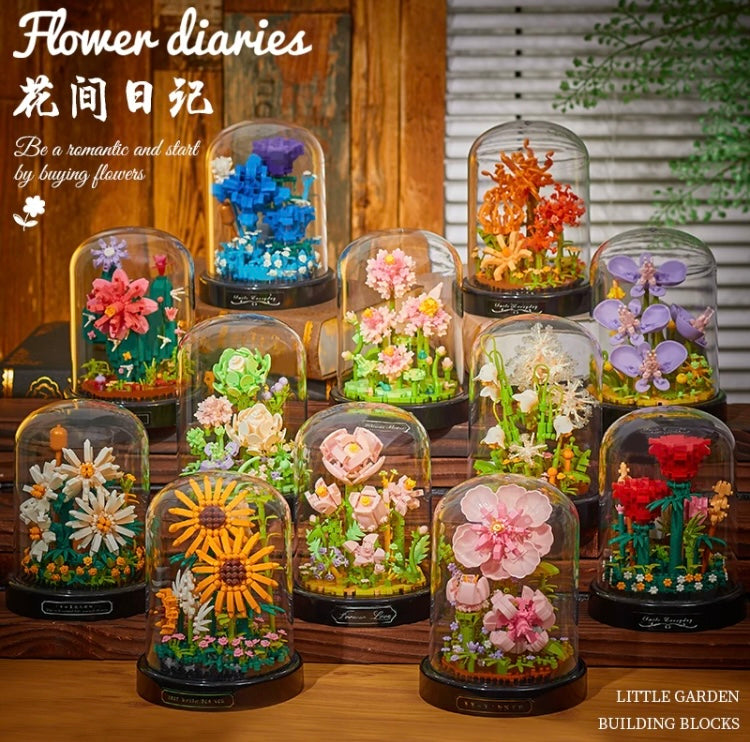 Mini Block Building Flower Diaries with Cover | Rose Daisy Cactus Sunflower Jasmine - with LED Lights Valentine Gift DIY Handmade Gift KawaiiGiftLand