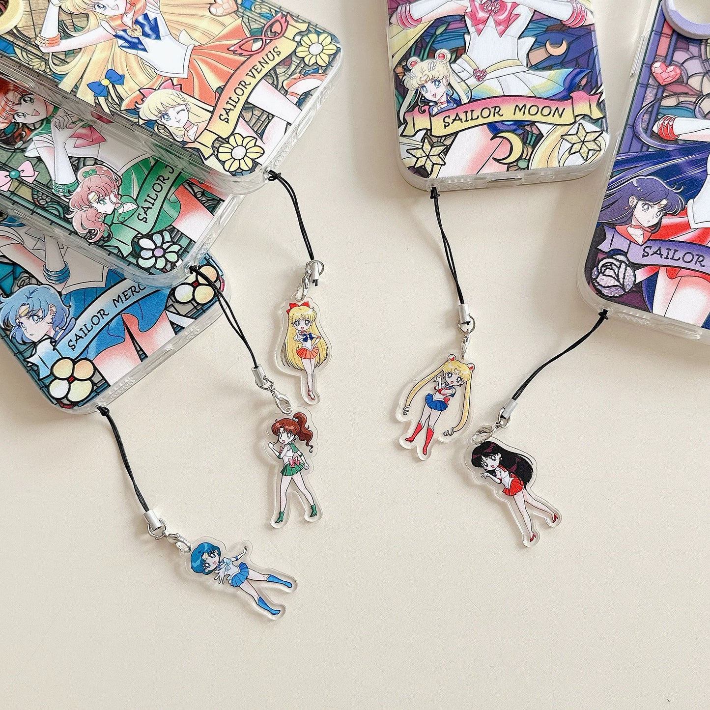 Japanese Cartoon Sailor Moon Phone Case with Strap Comic Version | Laser Glass Window Sailor Moon Mercury Mars Jupiter Venus - iPhone Case PLUS SE2 XS XR X 11 12 13 14 15 16 16e 17 17e Pro Promax 12mini 13mini