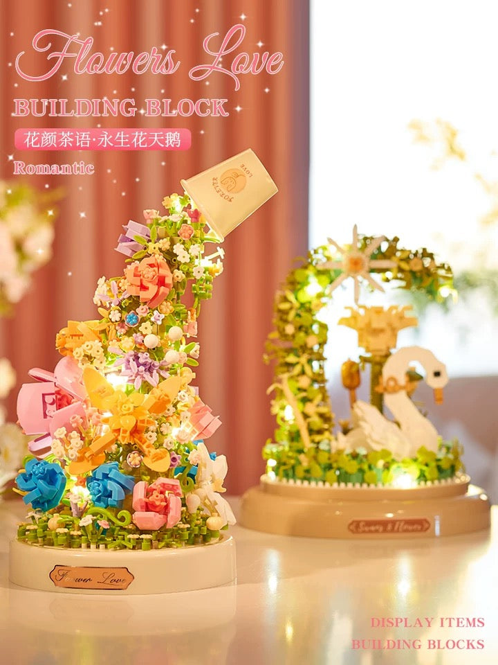 Mini Block Building with Cover | Flower Love Swan Flower - with LED Lights Valentine Gift DIY Handmade Gift KawaiiGiftLand
