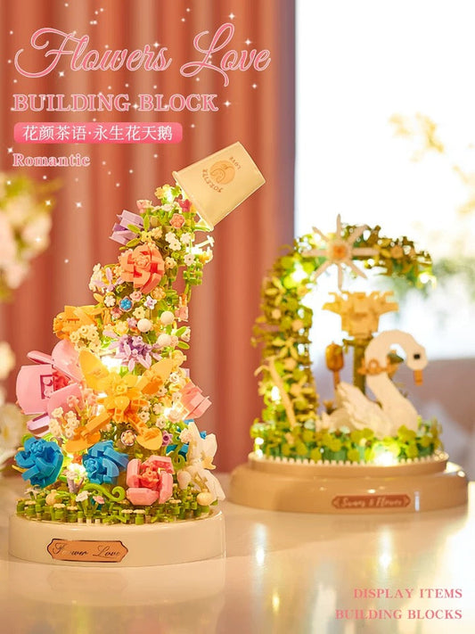 Mini Block Building with Cover | Flower Love Swan Flower - with LED Lights Valentine Gift DIY Handmade Gift