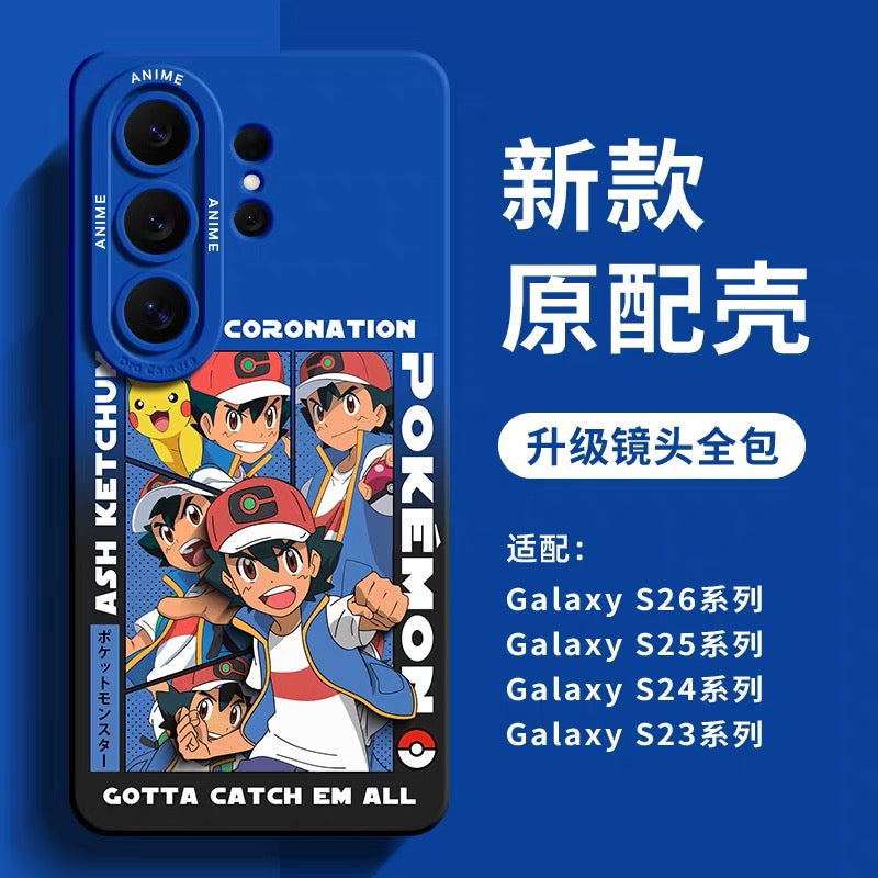 日本の漫画ポケモンシリコンケース ワールドチャンピオンシップ | サトシ ピカチュウ ルカリオ ネギガナイト ウオノラゴン カイリュー リザードン ゲンガー - スマホケース Samsung Galaxy S26 S25 S24 S23 FE Ultra Edge