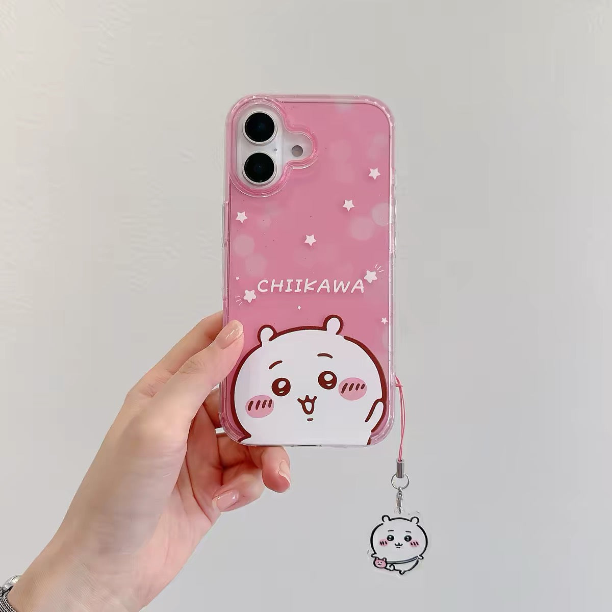 Japanese Cartoon ChiiKawa Gittler Colour Clear Case with Phone Strape | Say Hi Chiikawa Hachiware Usagi Momonga - iPhone Case Plus SE2 11 12 13 14 15 16 16e 17 17e 18 Pro Promax 12mini 13mini