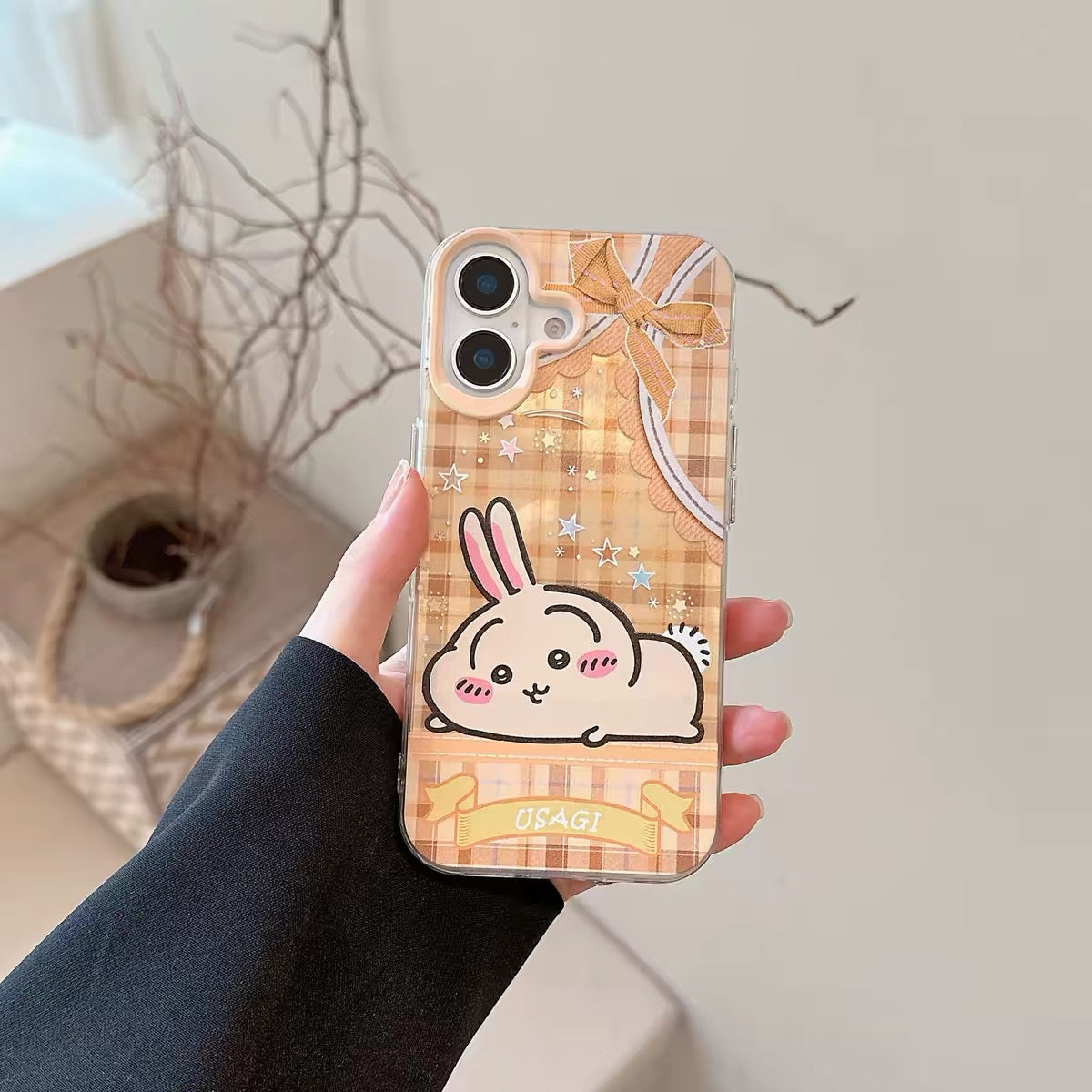 Japanese Cartoon ChiiKawa Laying with Lace Ribbon Laser Case | Chiikawa Hachiware Usagi Momonga - iPhone Case Plus SE2 11 12 13 14 15 16 16e 17 17e 18 Pro Promax 12mini 13mini