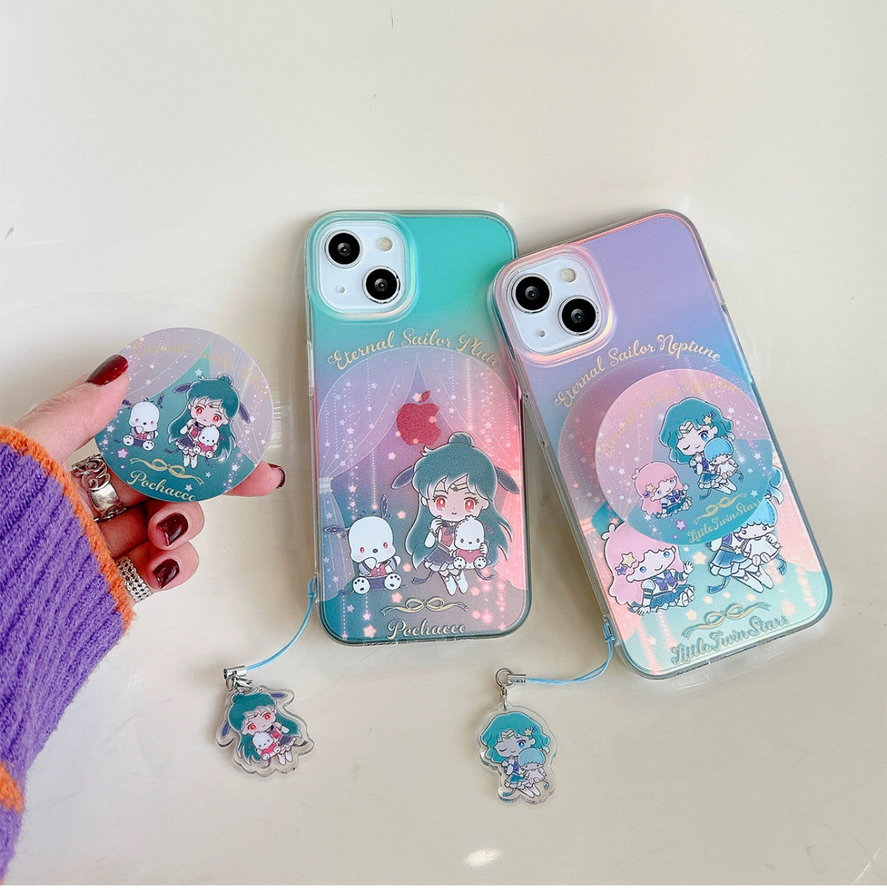 Japanese Cartoon iPhone Case with Strap | Laser Sailor Girl X Little Twin Stars Pochacco - iPhone CasePhone Case 7 8 PLUS SE2 XS XR X 11 12 13 14 15 Pro Promax 12mini 13mini