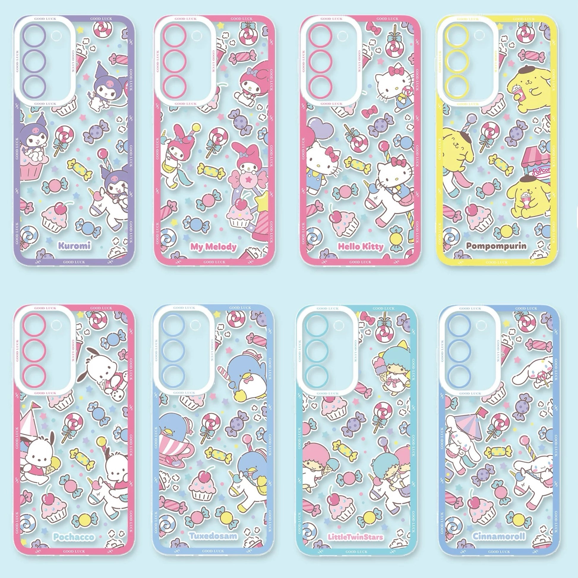 Japan Cartoon Sanrio Full Screen Sweets Pastel Style | Kuromi My Melody Hello Kitty Pompompurin Pochacco Tuxedosam Little Twin Stars Cinnamoroll- Phone Case Samsung Galaxy S26 S25 S24 S23 S22 S21 FE Ultra Edge