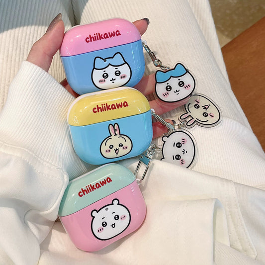 Japanese Cartoon ChiiKawa Pastel Colour | Chiikawa Hachiware Usagi Pink Blue Yellow Mint with Keychain - AirPods AirPodsPro AirPods3 AirPods4 Case KawaiiGiftLand