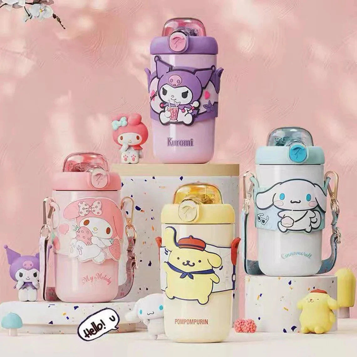 Sanrio My Melody Kuromi Cinnamoroll Pompompurin Shoulder Water Bottle Tumbler with Straw and Strap 316 Stainless Steel Lovely Cup KawaiiGiftLand