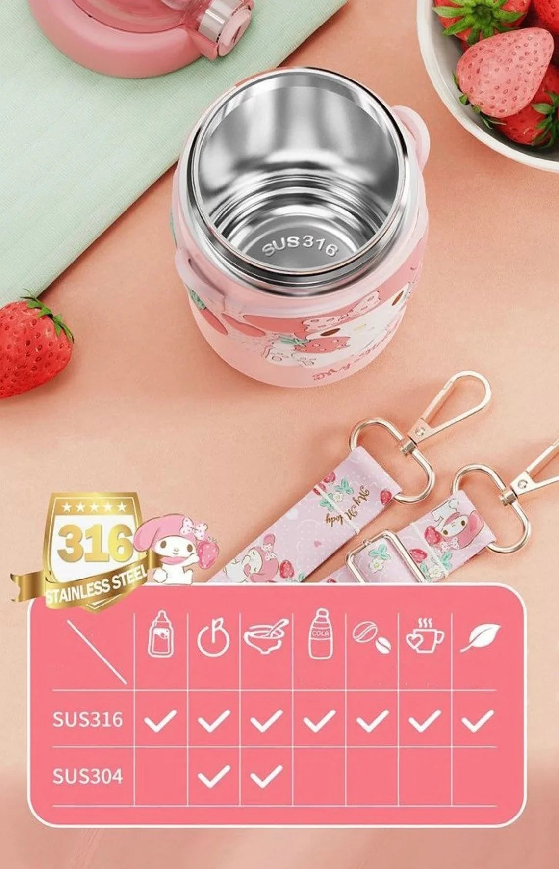 Sanrio My Melody Kuromi Cinnamoroll Pompompurin Shoulder Water Bottle Tumbler with Straw and Strap 316 Stainless Steel Lovely Cup KawaiiGiftLand