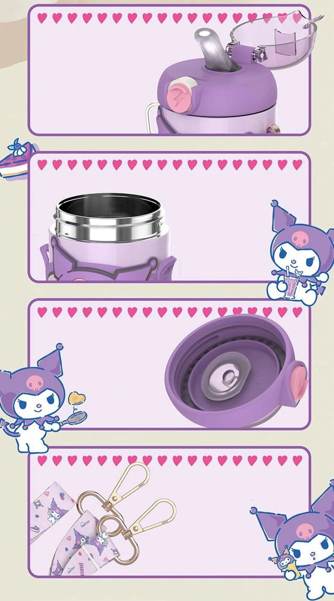 Sanrio My Melody Kuromi Cinnamoroll Pompompurin Shoulder Water Bottle Tumbler with Straw and Strap 316 Stainless Steel Lovely Cup KawaiiGiftLand