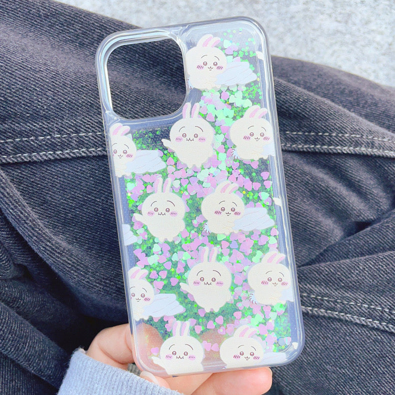 Japanese Cartoon Chiikawa Kawaii FullScreen | ChiiKawa Hachiware Usagi Glitter QuickSand iPhone Case 6 7 8 PLUS SE2 XS XR X 11 12 13 14 15 16 Pro Promax 12mini 13mini KawaiiGiftLand