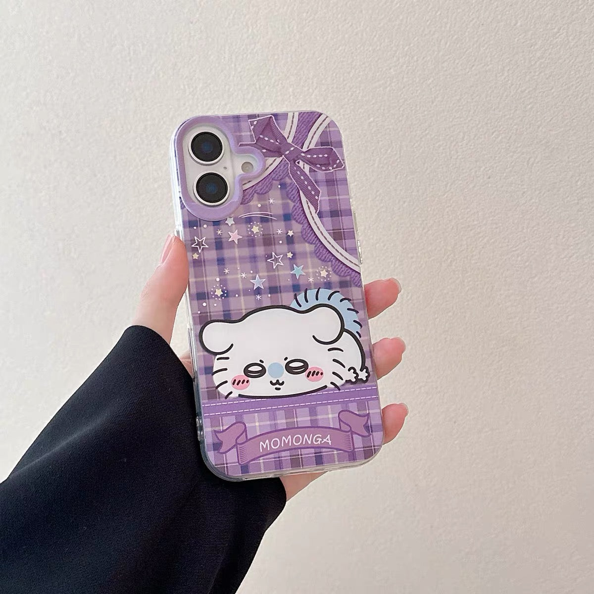 Japanese Cartoon ChiiKawa Laying with Lace Ribbon Laser Case | Chiikawa Hachiware Usagi Momonga - iPhone Case Plus SE2 11 12 13 14 15 16 16e 17 17e 18 Pro Promax 12mini 13mini