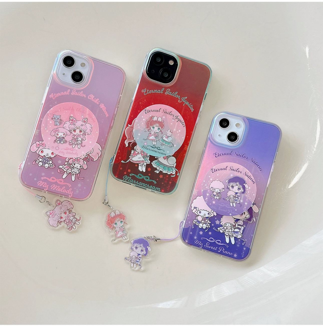 Japanese Cartoon iPhone Case with Strap | Laser Sailor Girl X My Melody Piano Marron Cream - iPhone Case Phone Case 7 8 PLUS SE2 XS XR X 11 12 13 14 15 Pro Promax 12mini 13mini
