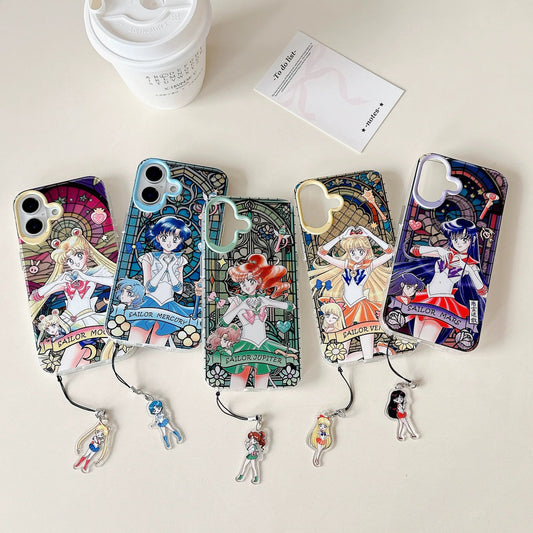 Japanese Cartoon Sailor Moon Phone Case with Strap Comic Version | Laser Glass Window Sailor Moon Mercury Mars Jupiter Venus - Phone Case Samsung Galaxy S26 S25 S24 S23 S22 S21 FE Ultra Edge