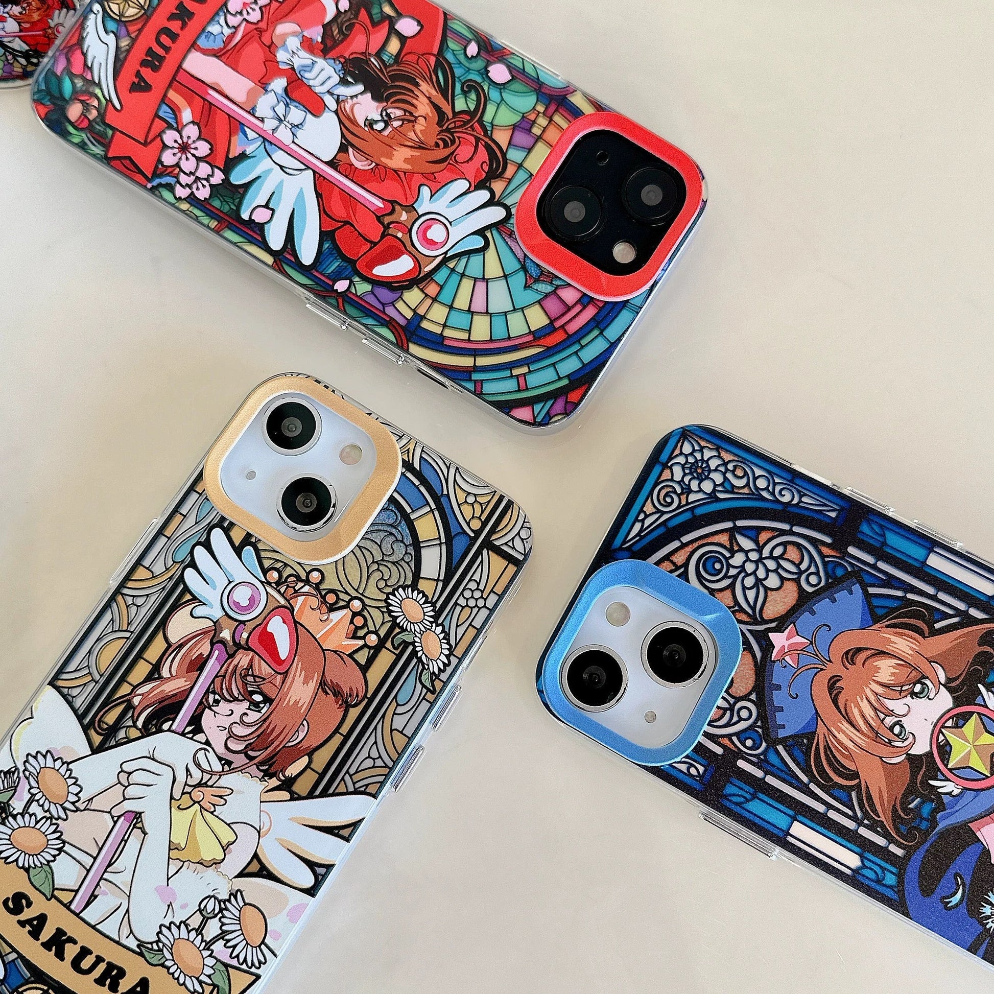 Japanese Cartoon CardCaptorSakura Glass Window Version with Strap & Stand | Red Blue Yellow - iPhone Case 6 7 8 PLUS SE2 XS XR X 11 12 13 14 15 Pro Promax 12mini 13mini KawaiiGiftLand