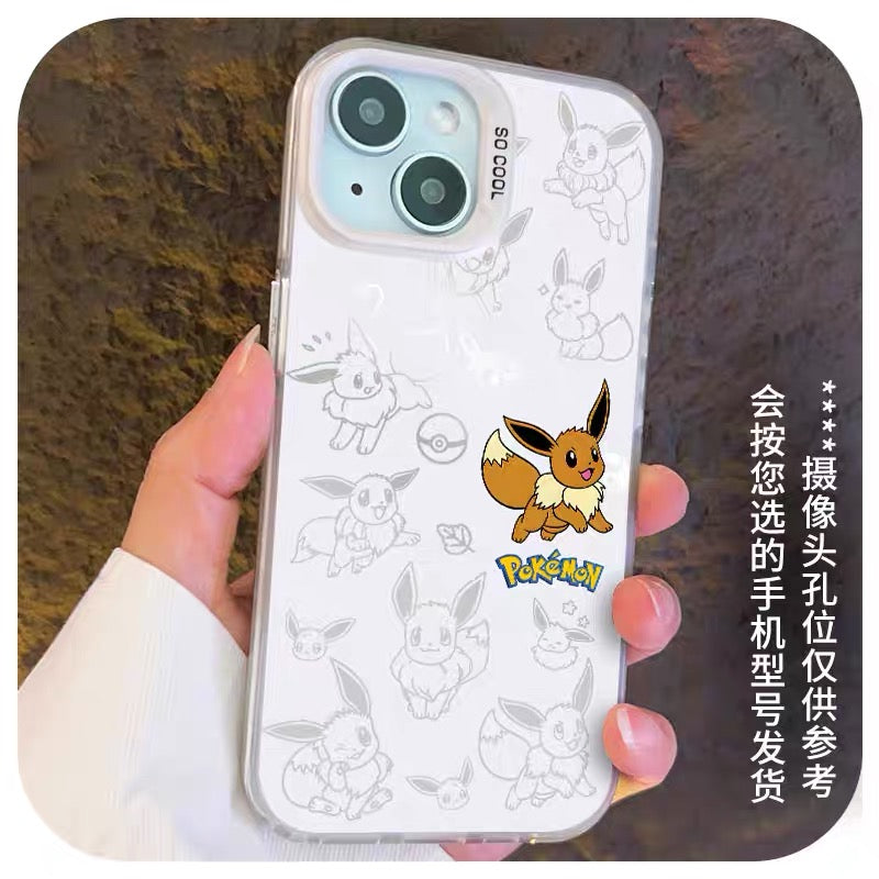 Japanese Cartoon Pokemon Matt & Silver Case Eevee Evolution | Eevee Vaporeon Espeon Umbreon Leafeon Glaceon Sylveon 7 Styles - iPhone Case PLUS SE2 XS XR X 11 12 13 14 15 16 16e 17 17e 18 Pro Promax 12mini 13mini