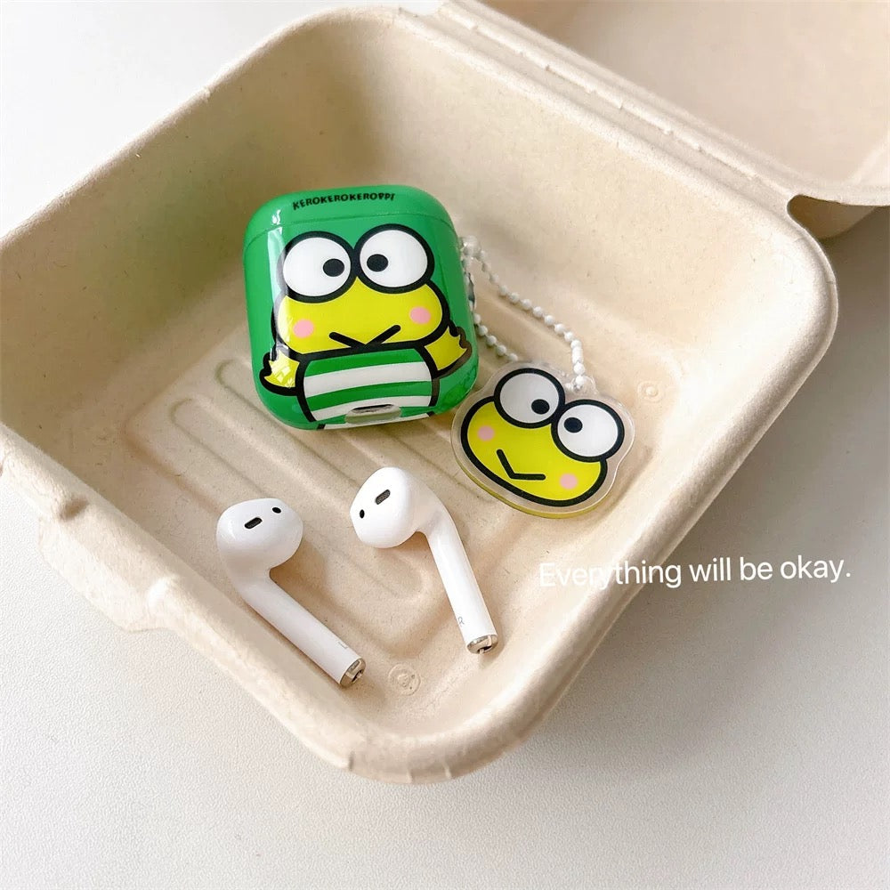 Japanese Cartoon Classical KeroKeroKeroppi Keroppi Hangyodon Blue Green with Keychain - AirPods AirPodsPro AirPods3 AirPods4 Case KawaiiGiftLand