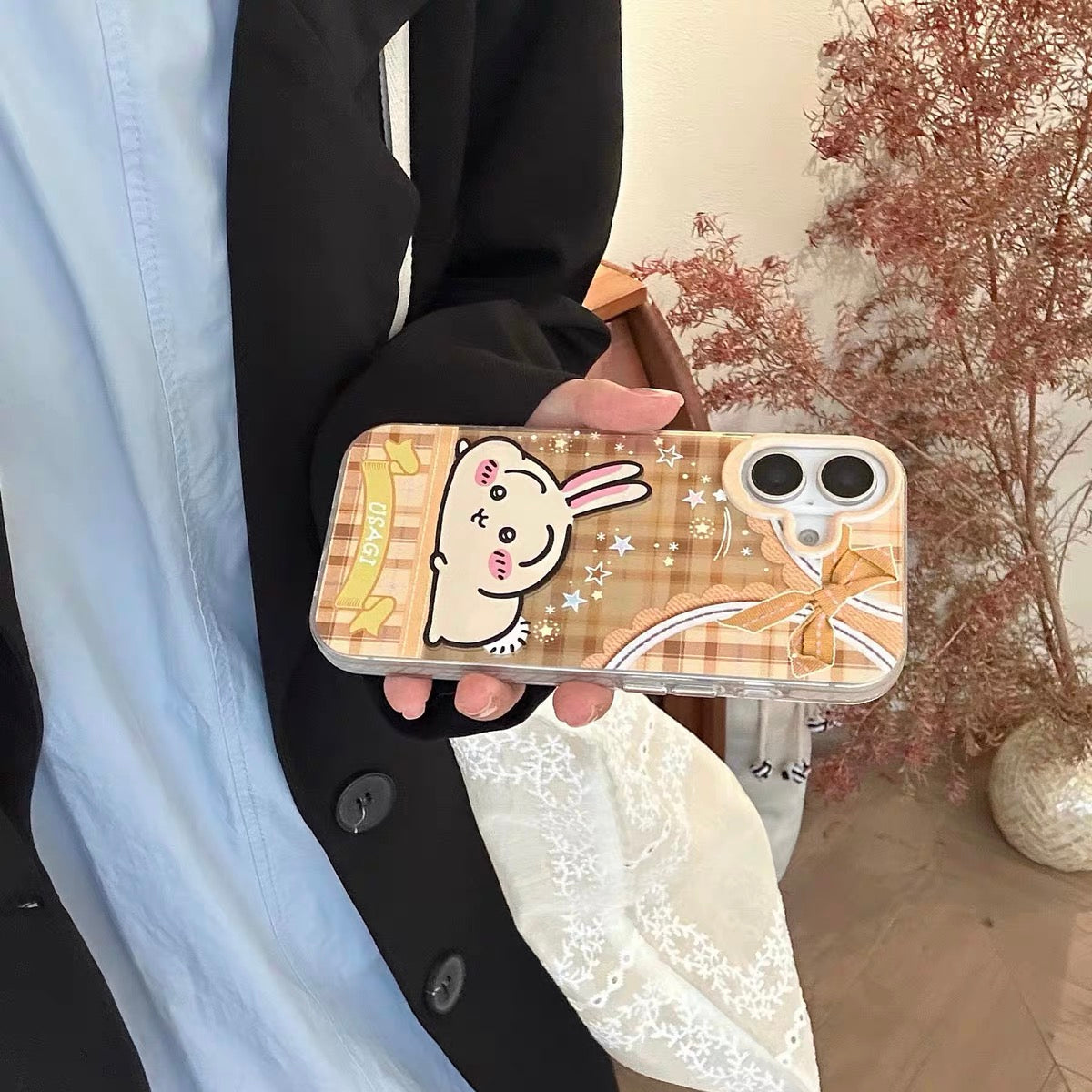 Japanese Cartoon ChiiKawa Laying with Lace Ribbon Laser Case | Chiikawa Hachiware Usagi Momonga - iPhone Case Plus SE2 11 12 13 14 15 16 16e 17 17e 18 Pro Promax 12mini 13mini