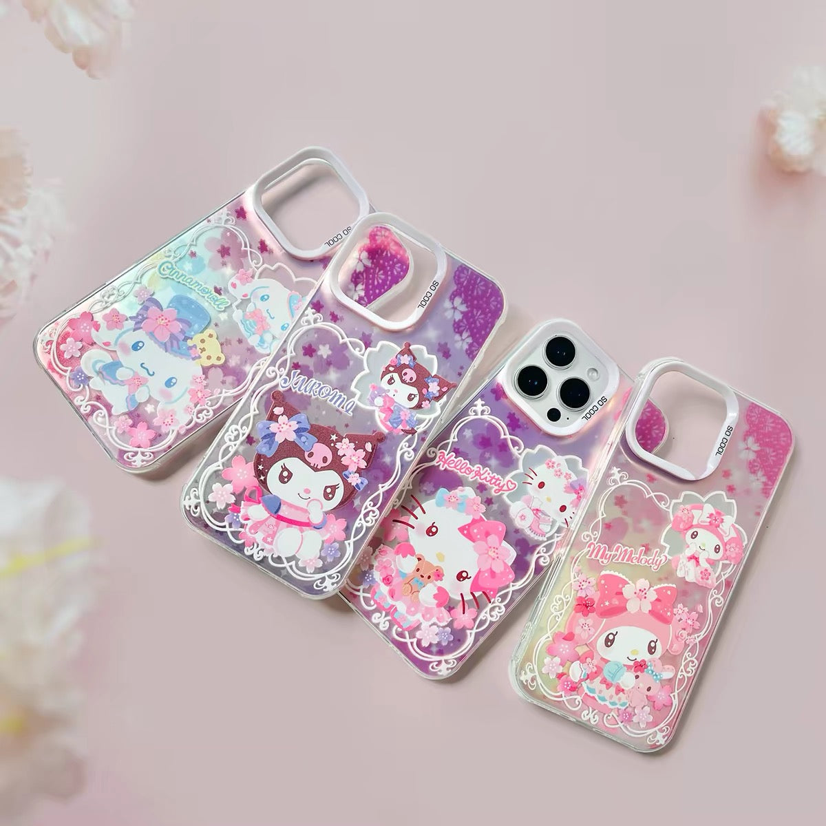 Japanese Cartoon Sanrio Sakura Laser Case | Hello Kitty My Melody Kuromi Cinnamoroll 4 Styles - Phone Case Samsung Galaxy S26 S25 S24 S23 S22 S21 FE Ultra Edge
