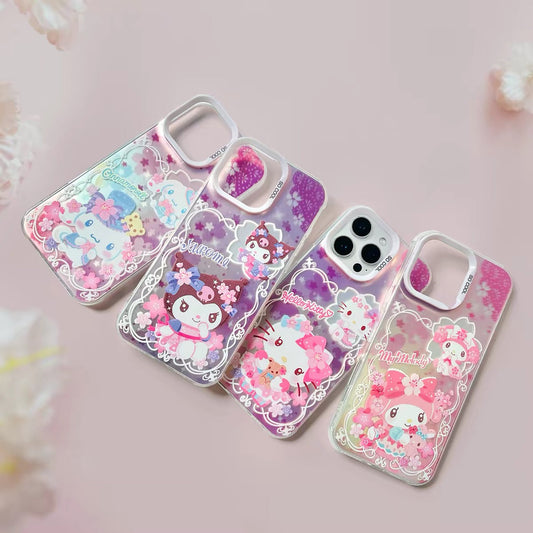 Japanese Cartoon Sanrio Sakura Laser Case | Hello Kitty My Melody Kuromi Cinnamoroll 4 Styles - Phone Case Samsung Galaxy S26 S25 S24 S23 S22 S21 FE Ultra Edge