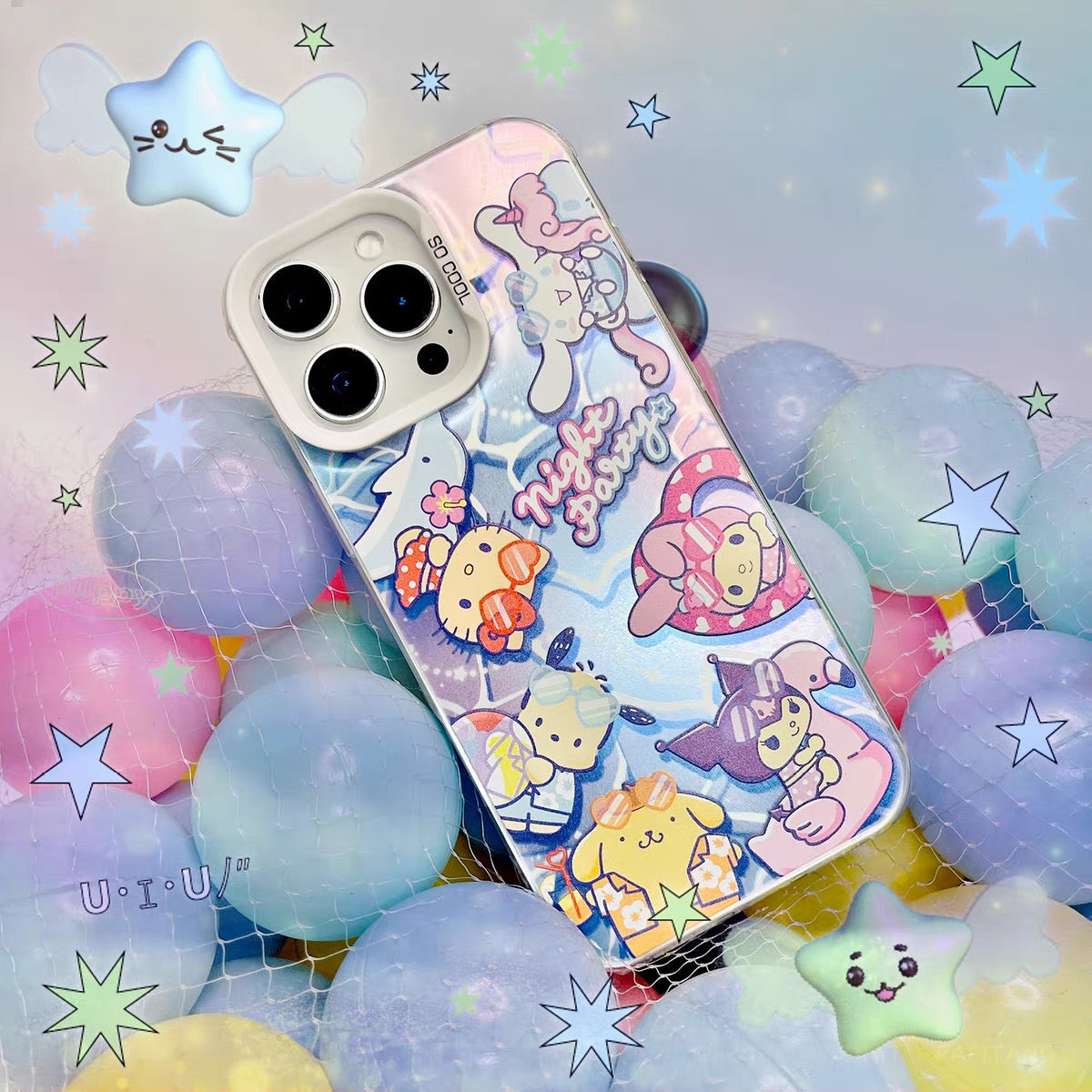 Japanese Cartoon Sanrio Summer Night Party Laser Case | Hello Kitty My Melody Kuromi Cinnamoroll Pompompurin Pochacco - Phone Case Samsung Galaxy S26 S25 S24 S23 S22 S21 FE Ultra Edge