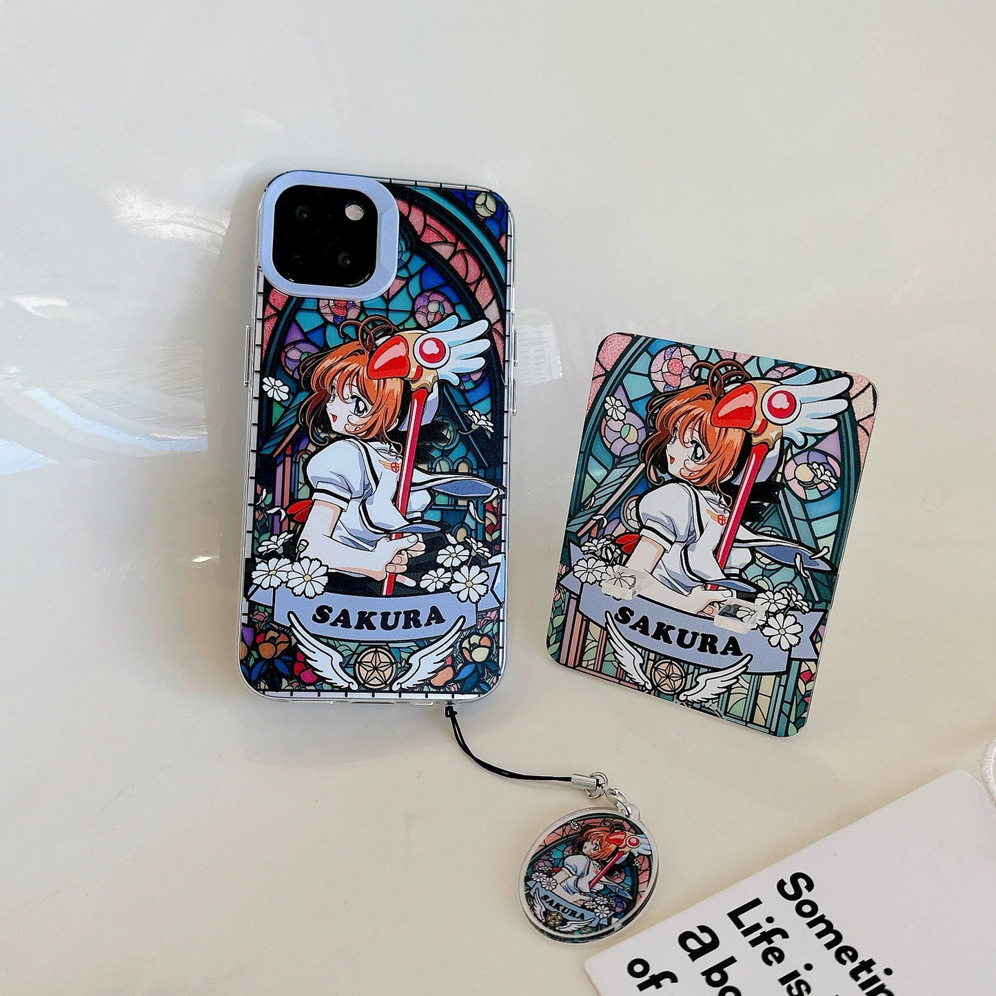 Japanese Cartoon CardCaptorSakura Glass Window Version with Strap & Stand | Pink Orange Purple - iPhone Case 6 7 8 PLUS SE2 XS XR X 11 12 13 14 15 Pro Promax 12mini 13mini KawaiiGiftLand