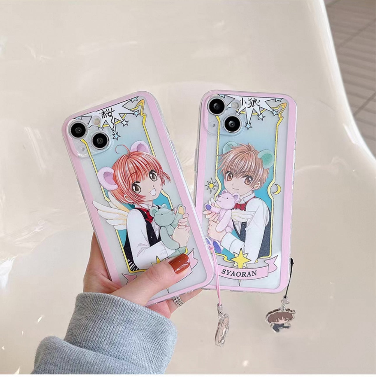 Japanese Cartoon Cardcaptor Sakura with Bear Couple | Sakura & Syaoran Li - iPhone Case 6 7 8 PLUS SE2 XS XR X 11 12 13 14 15 16 Pro Promax 12mini 13mini KawaiiGiftLand