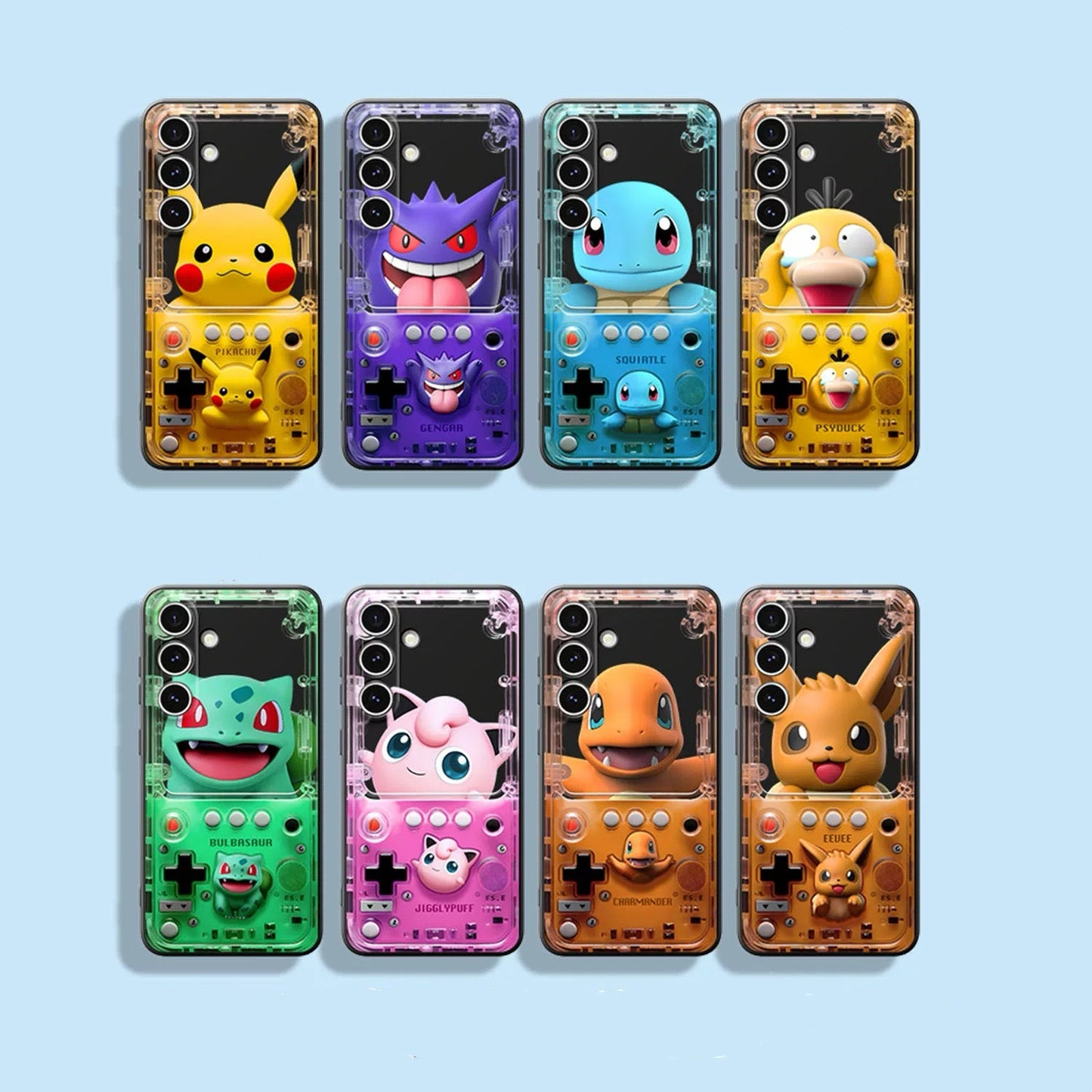 Japan Cartoon Pokemon Fun 3D Print Game Console Version Colour Silicon Case | Pikachu Bulbasaur Squirtle Charmander Psyduck Jigglypuff Eevee Gengar - Phone Case Samsung Galaxy S26 S25 S24 S23 S22 S21 FE Ultra Edge