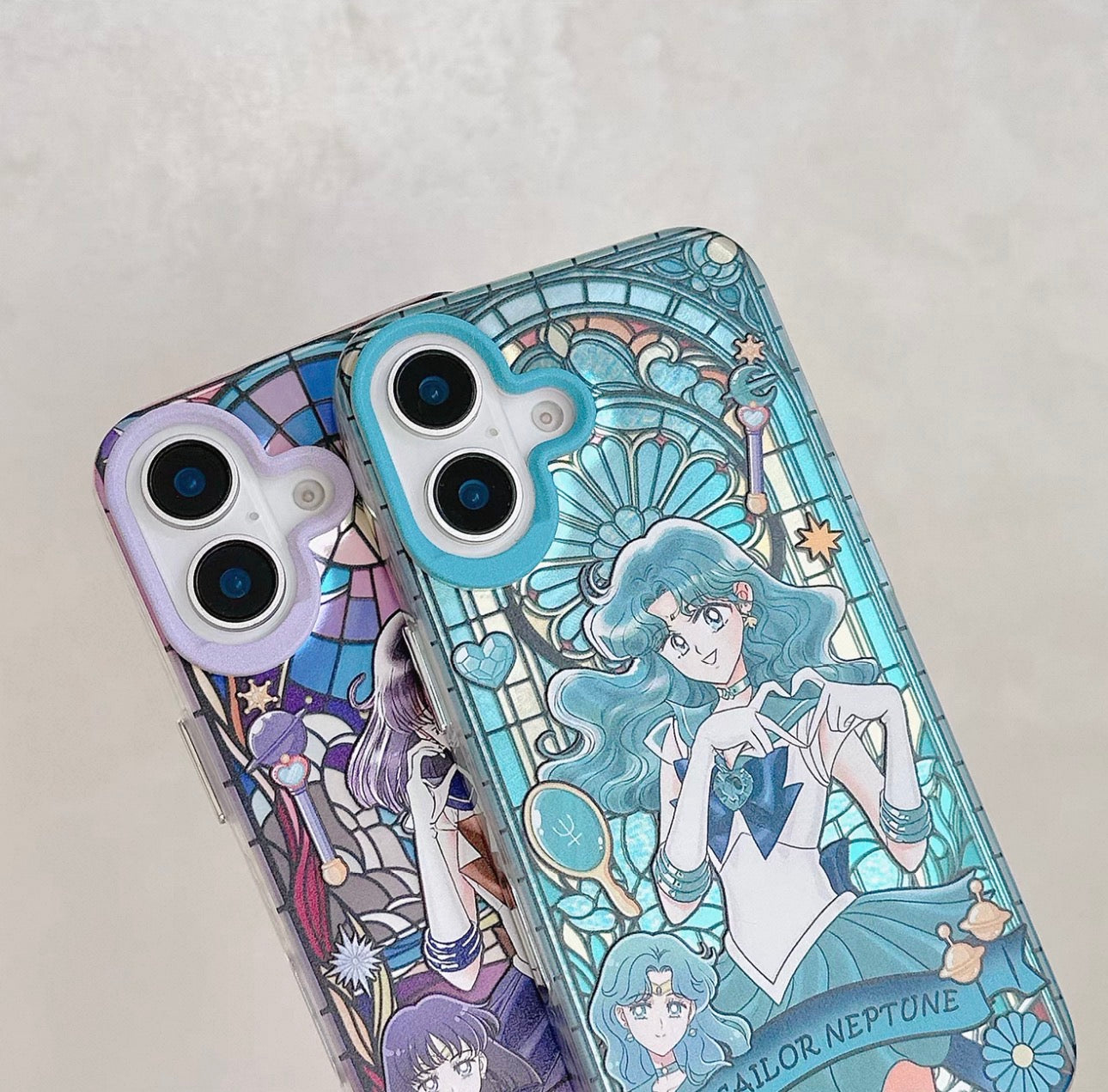 Japanese Cartoon Sailor Moon Phone Case with Strap Comic Version | Laser Glass Window Sailor Uranus Neptune Pluto Saturn Chibi Moon - iPhone Case PLUS SE2 11 12 13 14 15 16 16e 17 17e Pro Promax 12mini 13mini