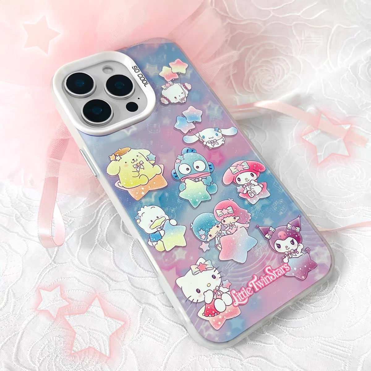 Japanese Cartoon Sanrio Pastel Starry Party Laser Case | Hello Kitty Lttle Twin Stars My Melody Kuromi Cinnamoroll Pompompurin Hangyodon AhirunoPekkle Cogimyun - Phone Case Samsung Galaxy S26 S25 S24 S23 S22 S21 FE Ultra Edge