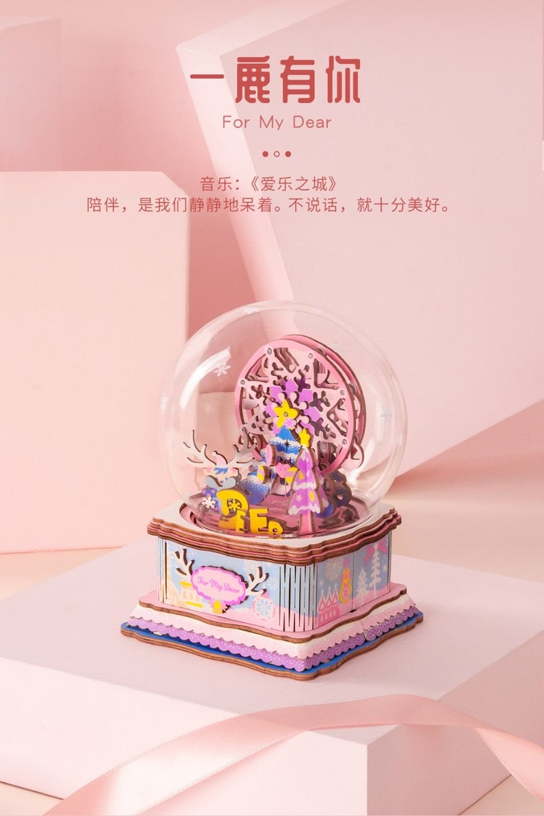 Craft Kits Wooden Music Box | Merry Christmas & Christmas Pink Deer - DIY Handmade Mini World Miniature Gift