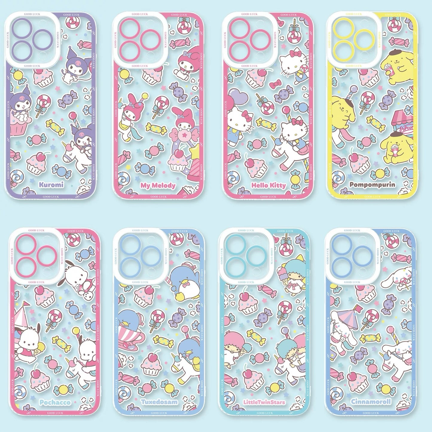Japan Cartoon Sanrio Full Screen Sweets Pastel Style | Kuromi My Melody Hello Kitty Pompompurin Pochacco Tuxedosam Little Twin Stars Cinnamoroll - iPhone Case PLUS SE2 XS XR X 11 12 13 14 15 16 16e 17 17e Pro Promax 12mini 13mini