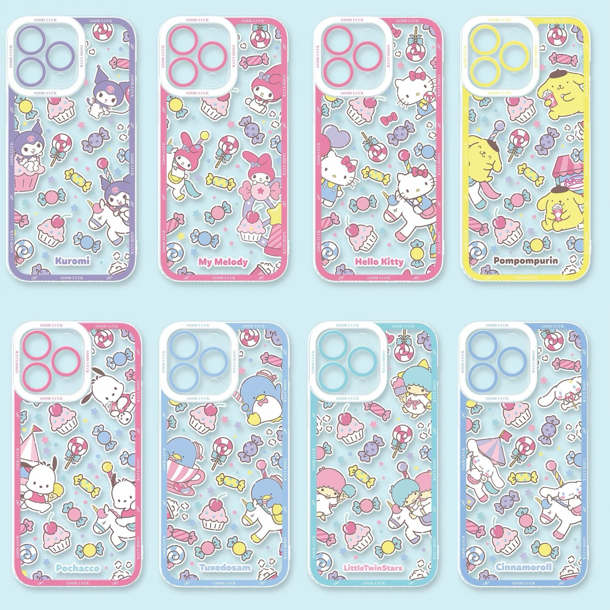 Japan Cartoon Sanrio Full Screen Sweets Pastel Style | Kuromi My Melody Hello Kitty Pompompurin Pochacco Tuxedosam Little Twin Stars Cinnamoroll - iPhone Case PLUS SE2 XS XR X 11 12 13 14 15 16 16e 17 17e Pro Promax 12mini 13mini