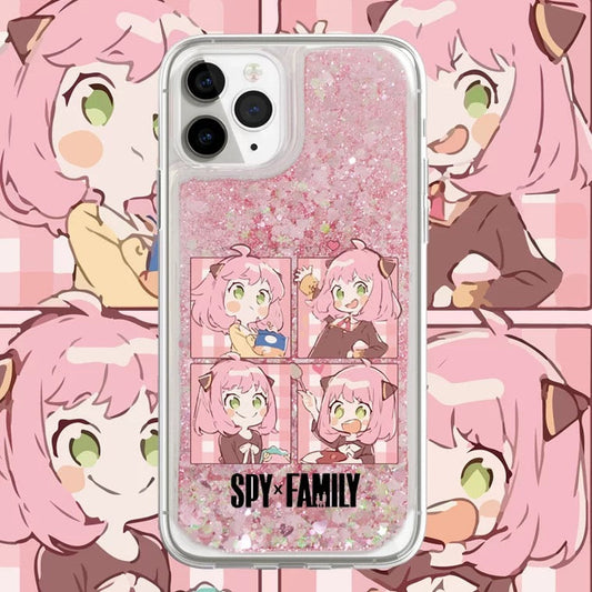 Japanese Cartoon SPY Family | Comics Style Anya Forger Silver Pink Heart Glitter QuickSand - iPhone Case PLUS SE2 XS XR X 11 12 13 14 15 16 16e 17 17e Pro Promax 12mini 13mini