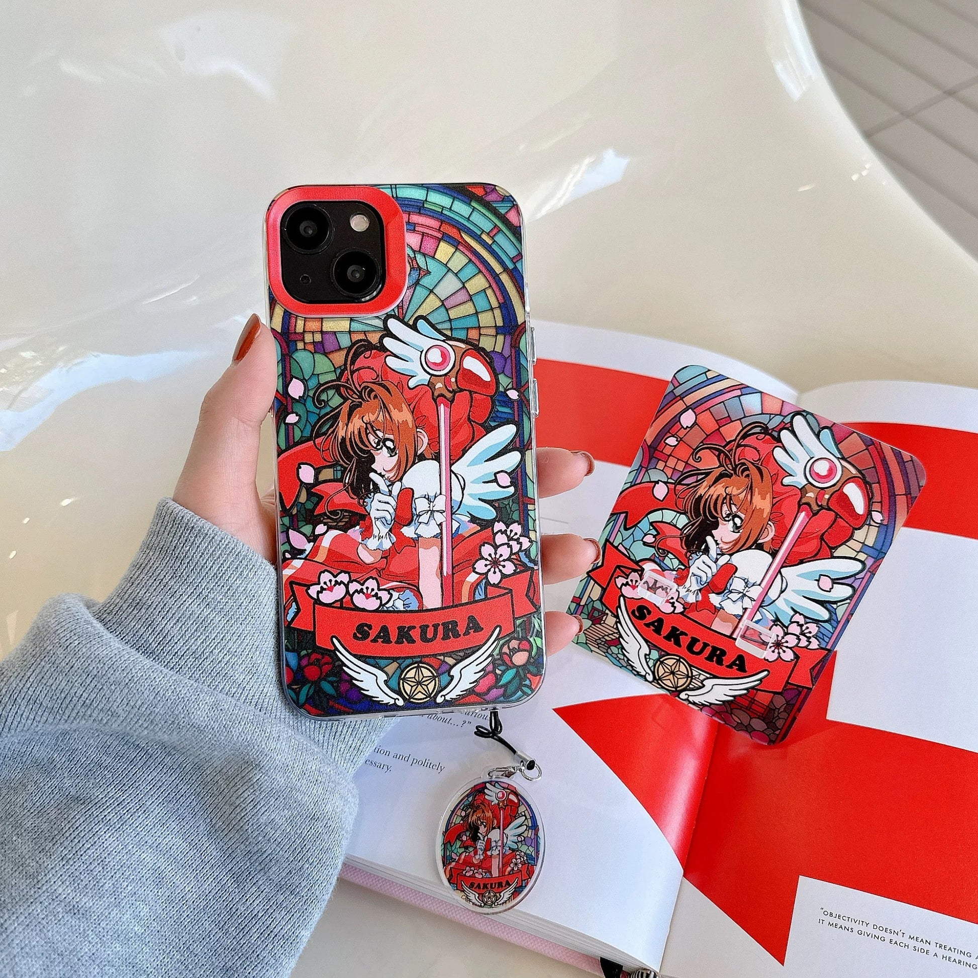 Japanese Cartoon CardCaptorSakura Glass Window Version with Strap & Stand | Red Blue Yellow - iPhone Case 6 7 8 PLUS SE2 XS XR X 11 12 13 14 15 Pro Promax 12mini 13mini KawaiiGiftLand