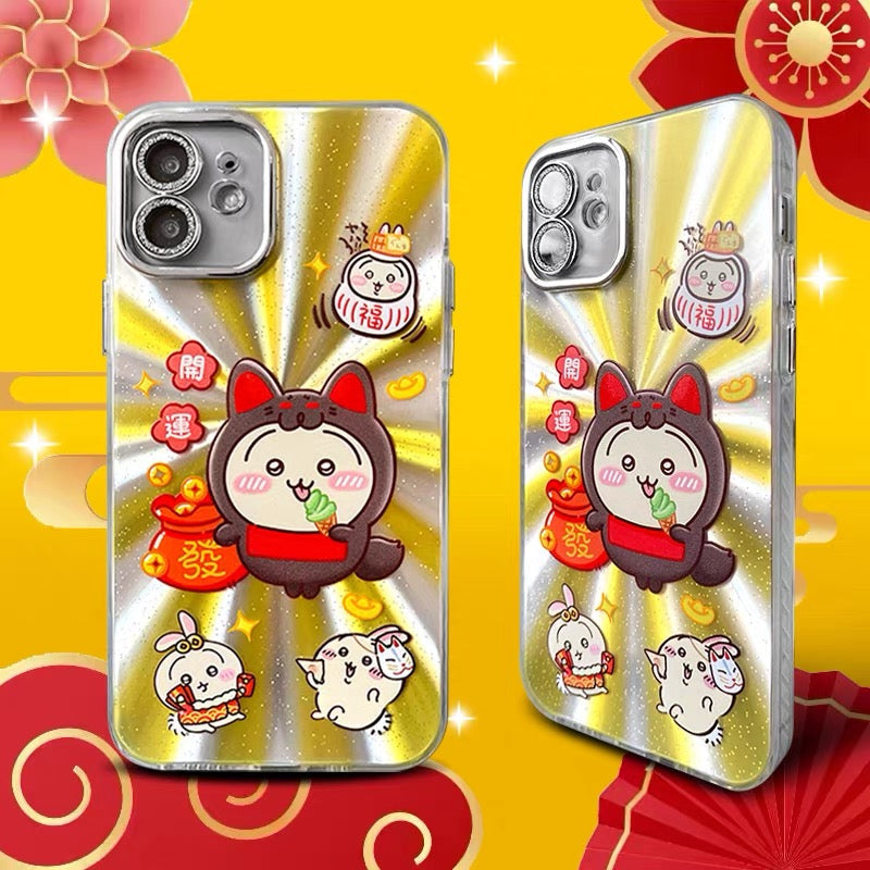 Japanese Cartoon ChiiKawa Folklore Kitsune Gold Laser Case | ChiiKawa Hachiware Usagi Momonga - iPhone Case 11 12 13 14 15 16 16e 17 17e 18 Pro Promax