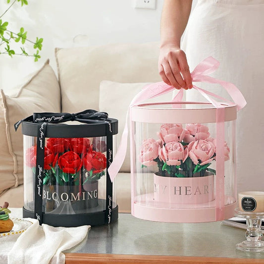 Block Building Block Romantic Elernal Flowers Bouquet Gift Box | Pink Red Blue White Rose - with LED Lights Valentine Wedding Gift DIY Handmade Gift