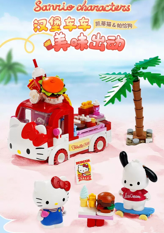 Sanrio Food Truck Series | Hello Kitty Hamburger Car with Hello Kitty Pochacco - Moveable Car Building Blocks Toy Collections