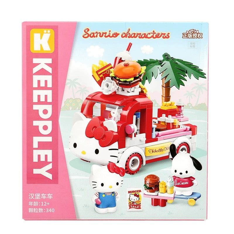 Sanrio Food Truck Series | Hello Kitty Hamburger Car with Hello Kitty Pochacco - Moveable Car Building Blocks Toy Collections KawaiiGiftLand