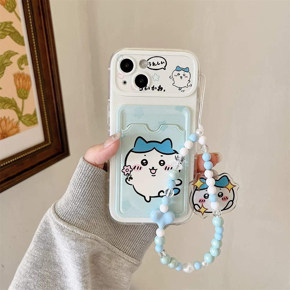 Japanese Cartoon Chiikawa | ChiiKawa Hachiware Usagi Happy Outing with Card Holder & Handle Strap - iPhone Case 11 12 13 14 15 16 17 Pro Promax