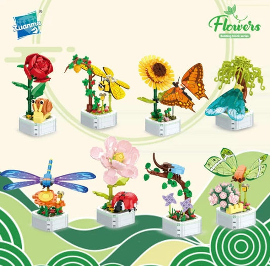 Mini Block Building Block Insect with Flowers Plant | Bee Butterfly - Tiny Particle Assembly DIY Handmade Children Gift